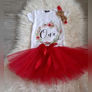 Brand New "ONE" 1st Birthday Red Tutu  with Floral Print Onesis